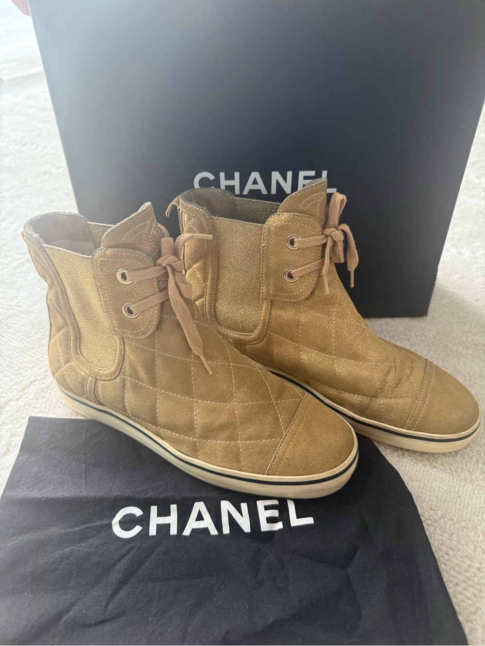 CHANEL Quilted Metallic Gold High Top Sneakers Boots n